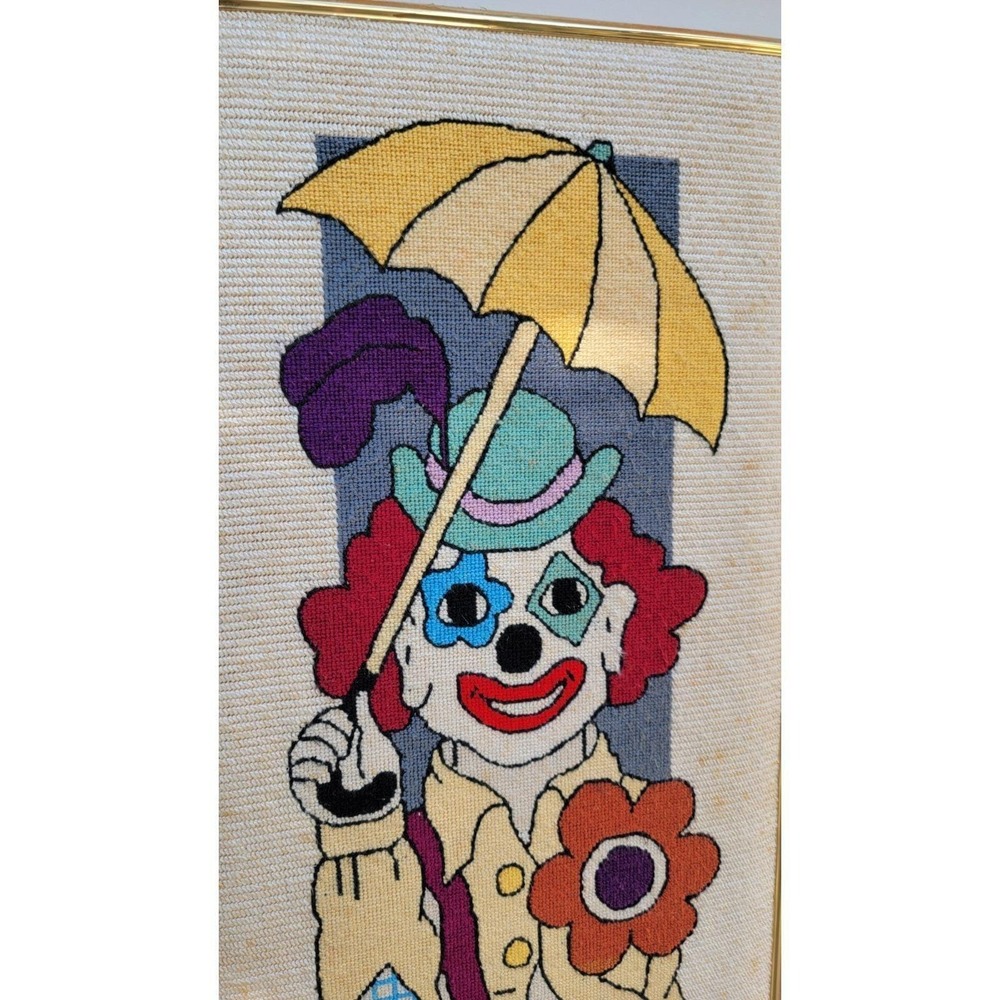 Vintage Clown Framed Finished Needlepoint Wall Art LARGE Sasi Creations 42"x18"